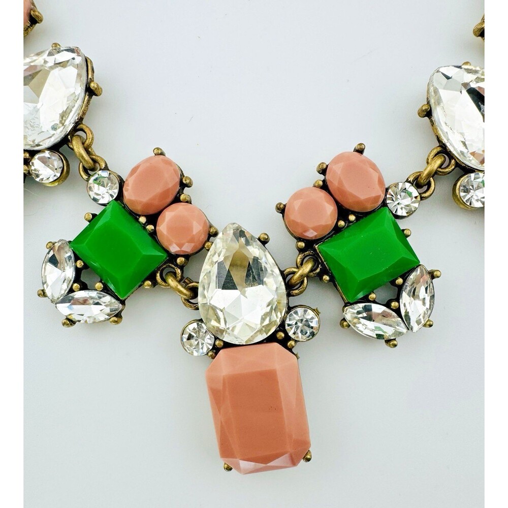 J Crew For Ivy Box Statement Necklace Runway Green Pink Clear Crystals 20” HTF - Picture 2 of 4